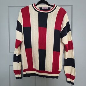 Vintage Aurea 80s 90s Colorblock Cotton Sweater Red Navy Cream Size Large